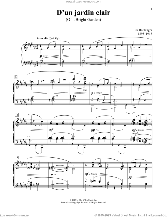 D'un Jardin Clair sheet music for piano solo (elementary) by Lili Boulanger, Charmaine Siagian and Sonya Schumann, classical score, beginner piano (elementary)