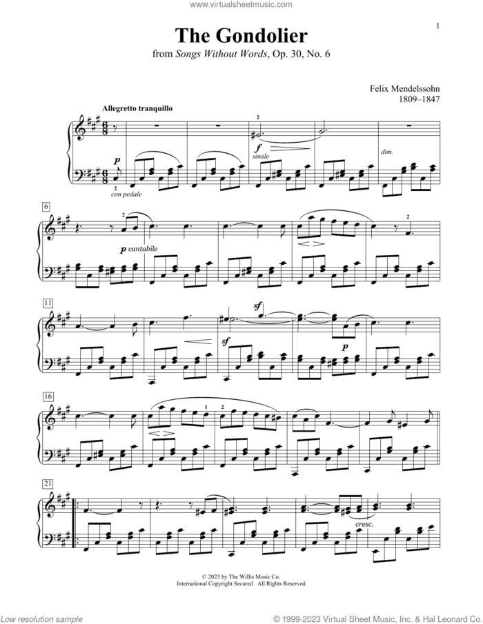 The Gondolier sheet music for piano solo (elementary) by Felix Mendelssohn-Bartholdy, Charmaine Siagian and Sonya Schumann, classical score, beginner piano (elementary)