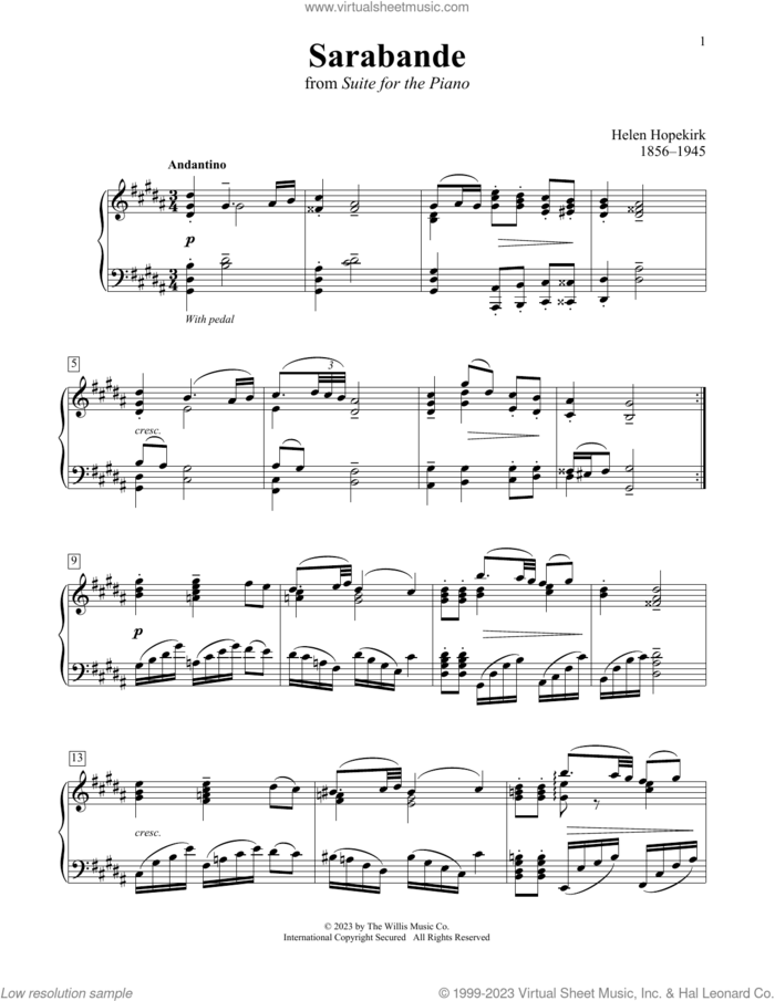 Sarabande sheet music for piano solo (elementary) by Helen Hopekirk, Charmaine Siagian and Sonya Schumann, classical score, beginner piano (elementary)