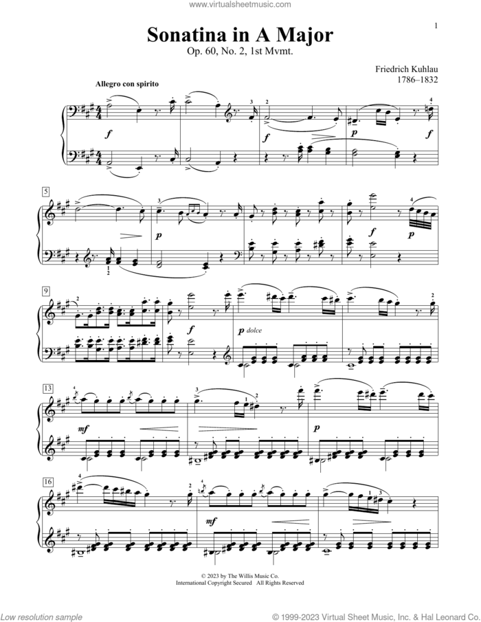 Sonatina In A Major, Op. 60, No. 2, 1st Mvmt sheet music for piano solo (elementary) by Frederic Kuhlau, Charmaine Siagian and Sonya Schumann, classical score, beginner piano (elementary)