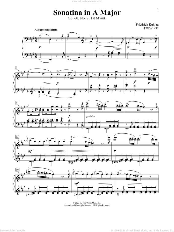 Sonatina In A Major, Op. 60, No. 2, 1st Mvmt sheet music for piano solo (elementary) by Frederic Kuhlau, Charmaine Siagian and Sonya Schumann, classical score, beginner piano (elementary)