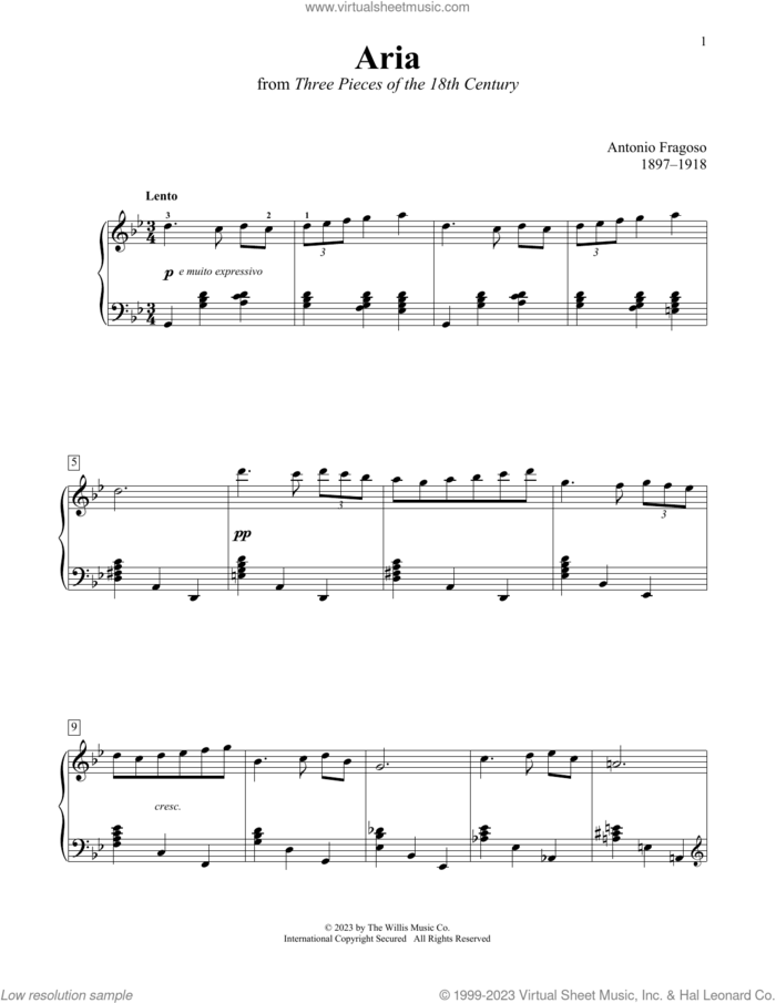 Aria sheet music for piano solo (elementary) by Antonio Fragoso, Charmaine Siagian and Sonya Schumann, classical score, beginner piano (elementary)