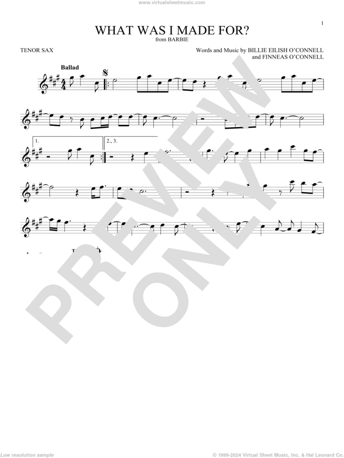 What Was I Made For? (from Barbie) sheet music for tenor saxophone solo by Billie Eilish, intermediate skill level