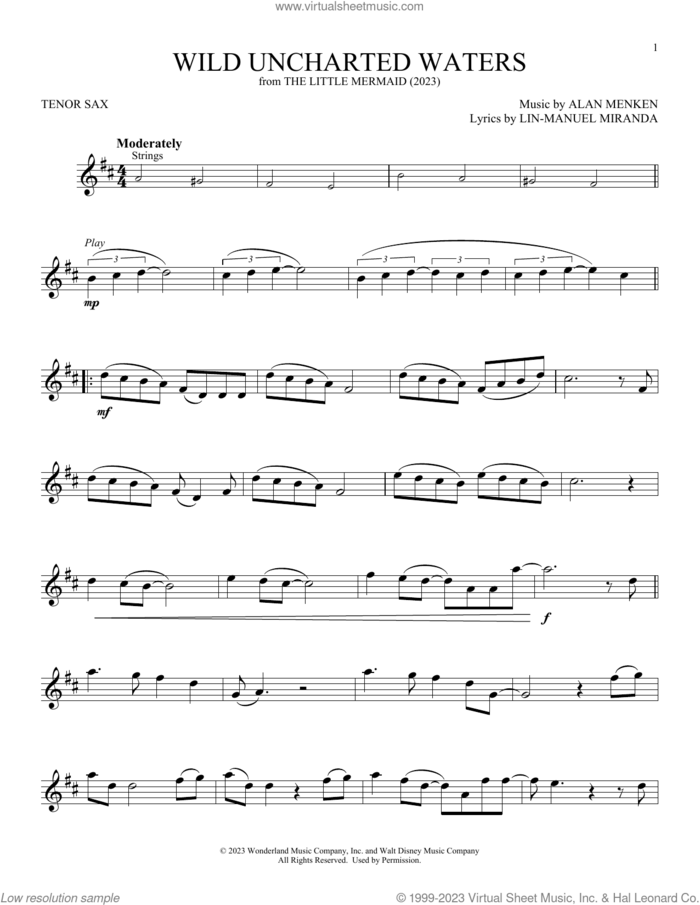 Wild Uncharted Waters (from The Little Mermaid) (2023) sheet music for tenor saxophone solo by Jonah Hauer-King, Alan Menken and Lin-Manuel Miranda, intermediate skill level