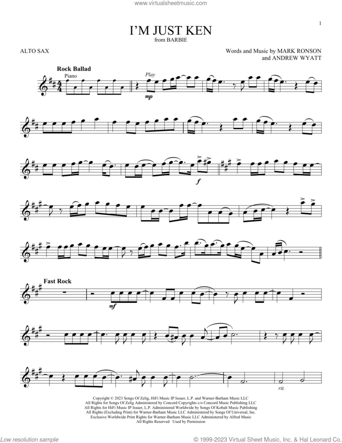 I'm Just Ken (from Barbie) sheet music for alto saxophone solo by Ryan Gosling, Andrew Wyatt and Mark Ronson, intermediate skill level