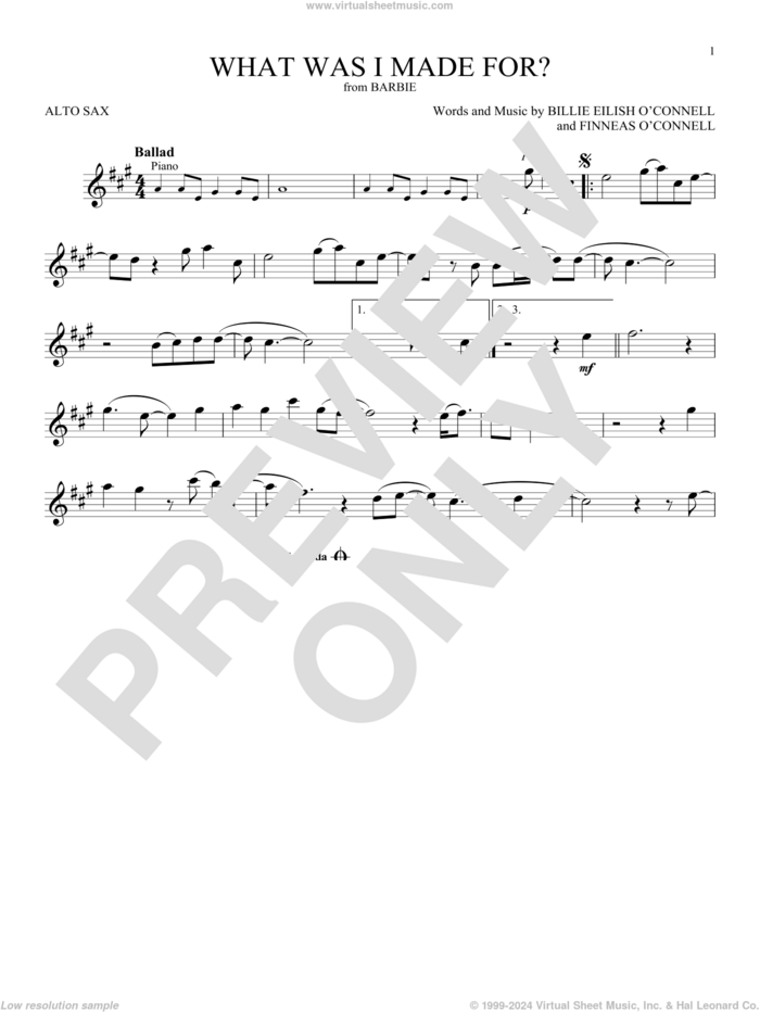 What Was I Made For? (from Barbie) sheet music for alto saxophone solo by Billie Eilish, intermediate skill level