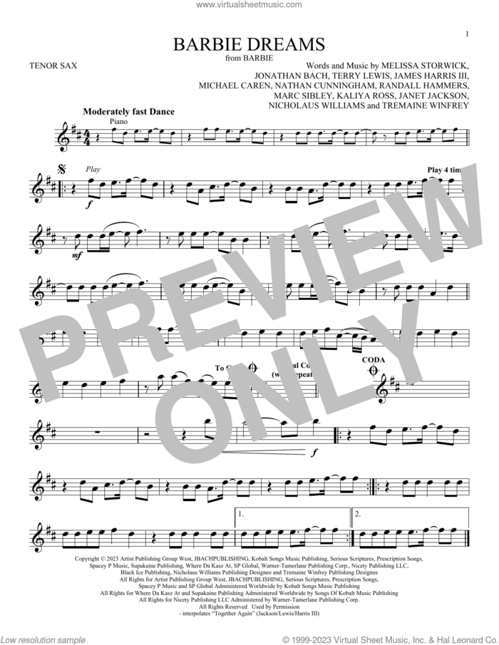 Barbie Dreams (from Barbie) (feat. Kaliii) sheet music for tenor saxophone solo by FIFTY FIFTY, James Harris, Janet Jackson, Jonathan Bach, Kaliya Ross, Marc Sibley, Melissa Storwick, Michael Caren, Mike Caren, Nathan Cunningham, Nicholaus Williams, Randall Hammers, Terry Lewis and Tremaine Winfrey, intermediate skill level