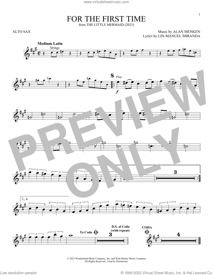 For The First Time (from The Little Mermaid) (2023) sheet music for alto saxophone solo by Halle Bailey, Alan Menken and Lin-Manuel Miranda, intermediate skill level