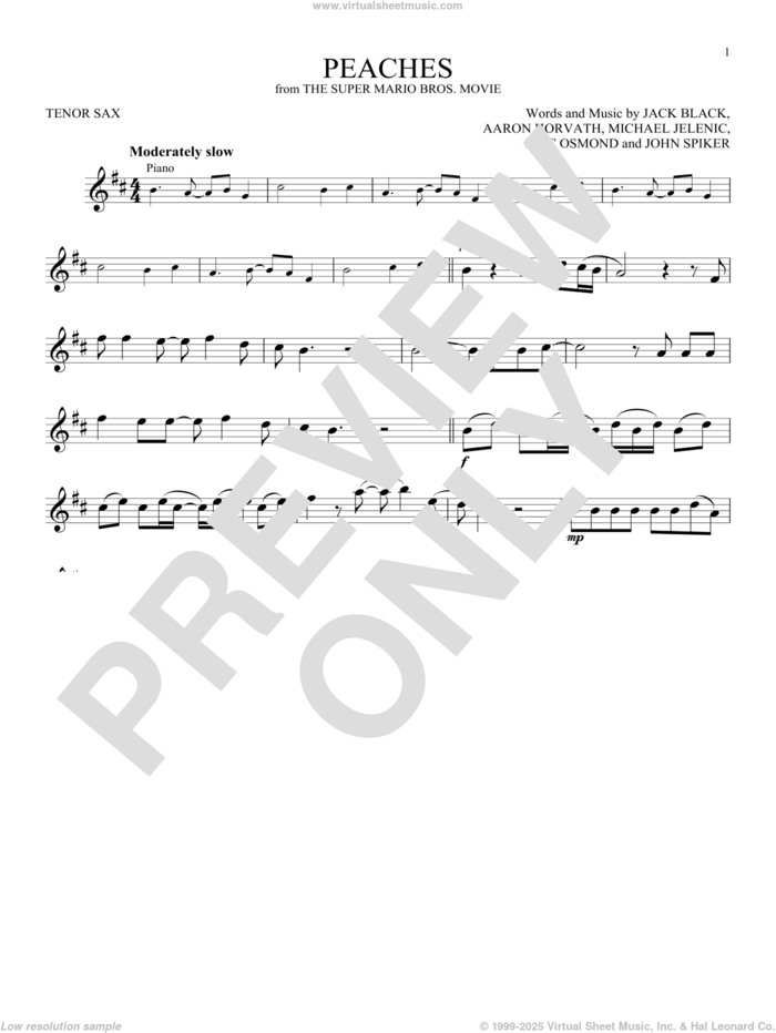 Peaches (from The Super Mario Bros. Movie) sheet music for tenor saxophone solo by Jack Black, Aaron Horvath, Eric Osmond, John Spiker and Michael Jelenic, intermediate skill level