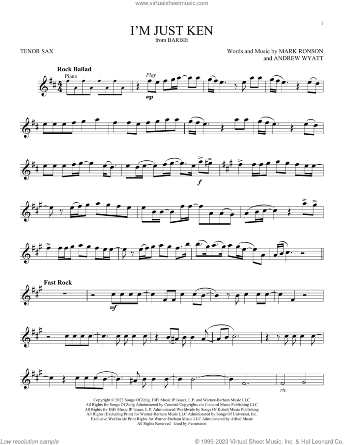 I'm Just Ken (from Barbie) sheet music for tenor saxophone solo by Ryan Gosling, Andrew Wyatt and Mark Ronson, intermediate skill level