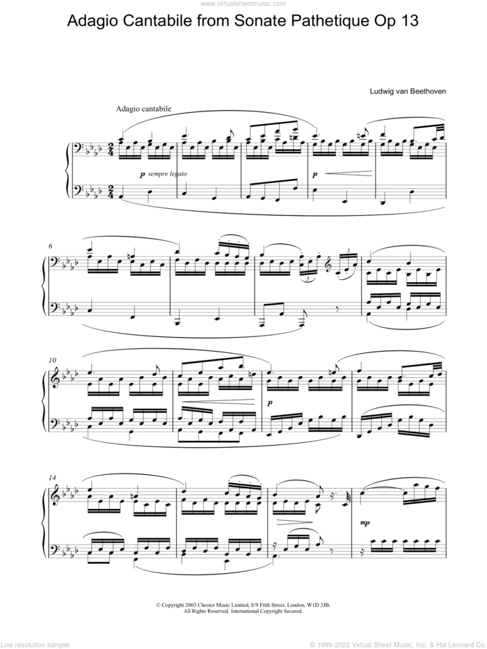 Adagio Cantabile from Sonate Pathetique Op 13 sheet music for piano solo by Ludwig van Beethoven, classical score, intermediate skill level
