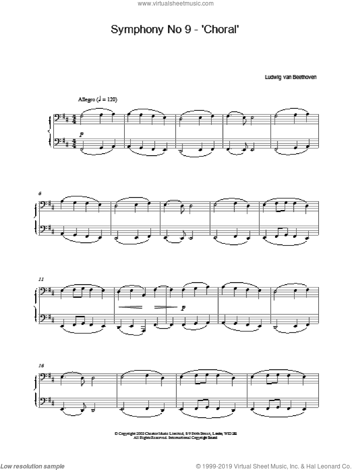 Symphony No 9 - 'Choral' sheet music for piano solo by Ludwig van Beethoven, classical score, intermediate skill level