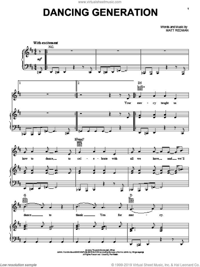 Dancing Generation sheet music for voice, piano or guitar by Matt Redman, intermediate skill level