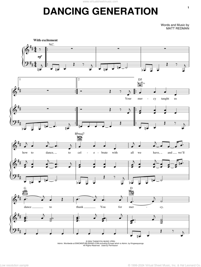 Dancing Generation sheet music for voice, piano or guitar by Matt Redman, intermediate skill level