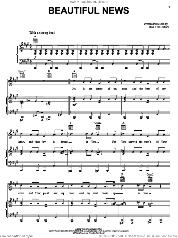 Beautiful News sheet music for voice, piano or guitar by Matt Redman, intermediate skill level