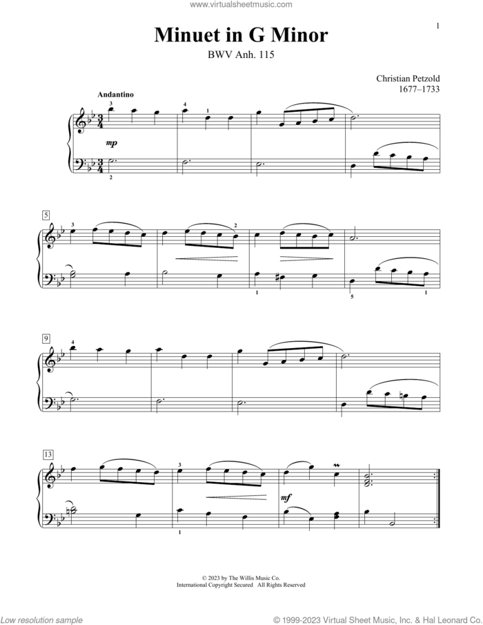 Minuet In G Minor, BWV Anh. 115 sheet music for piano solo (elementary) by Christian Petzold, Charmaine Siagian and Sonya Schumann, classical score, beginner piano (elementary)