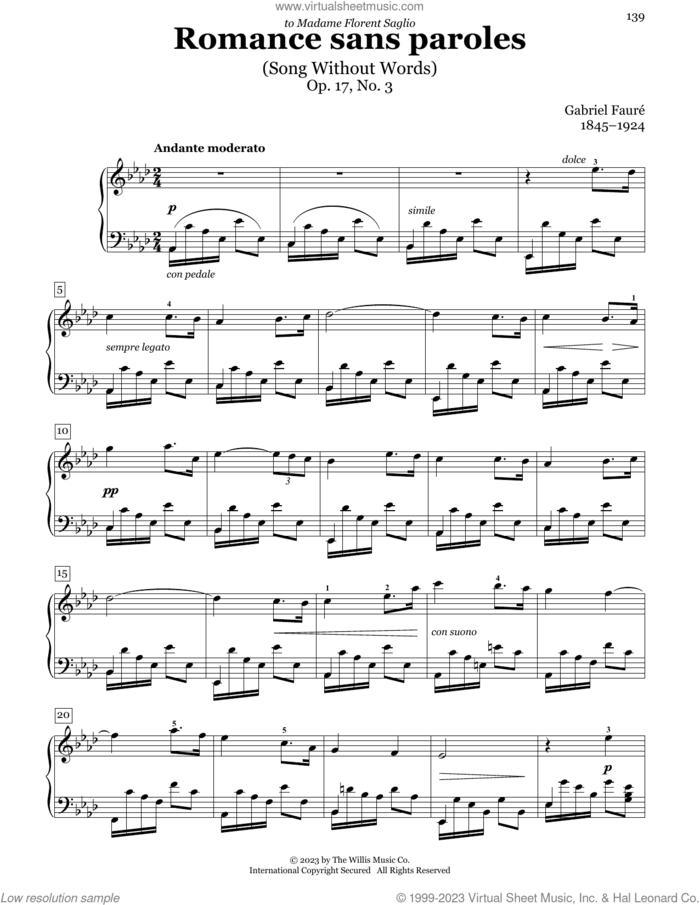 Romance Sans Paroles, Op. 17, No. 3 (Song Without Words) sheet music for piano solo (elementary) by Gabriel Faure, Charmaine Siagian and Sonya Schumann, classical score, beginner piano (elementary)