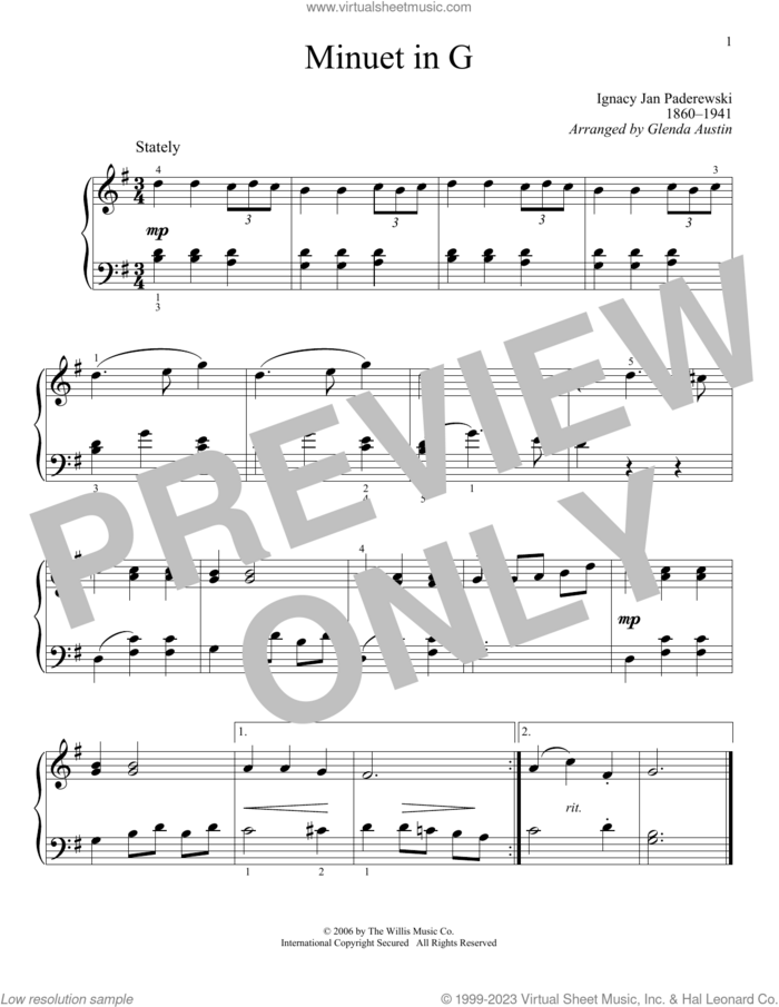 Minuet In G (Menuet), (beginner) (Menuet) sheet music for piano solo (elementary) by Ignacy Jan Paderewski and Glenda Austin, classical score, beginner piano (elementary)