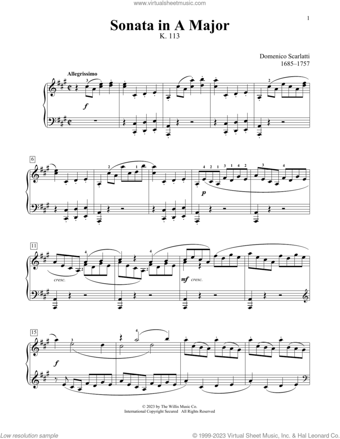 Sonata In A Major, K. 113 sheet music for piano solo (elementary) by Domenico Scarlatti, Charmaine Siagian and Sonya Schumann, classical score, beginner piano (elementary)
