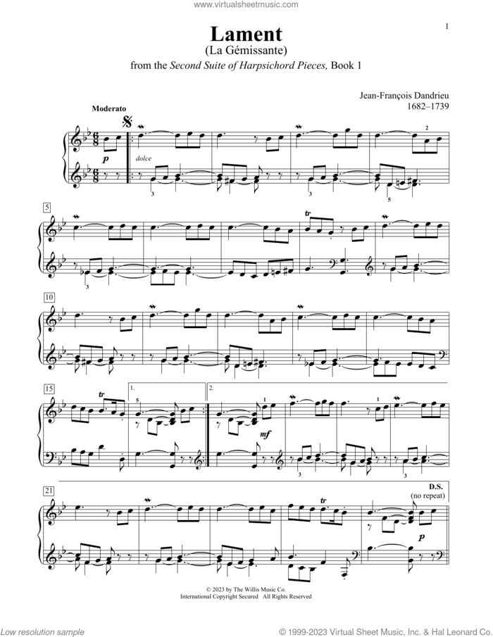 Lament (La Gemissante) sheet music for piano solo (elementary) by Jean-Francois Dandrieu, Charmaine Siagian and Sonya Schumann, classical score, beginner piano (elementary)