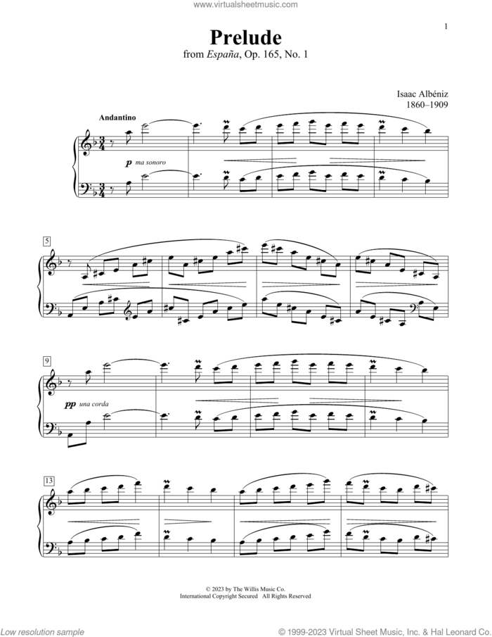 Prelude, Op. 165, No. 1 sheet music for piano solo (elementary) by Isaac Albeniz, Charmaine Siagian and Sonya Schumann, classical score, beginner piano (elementary)