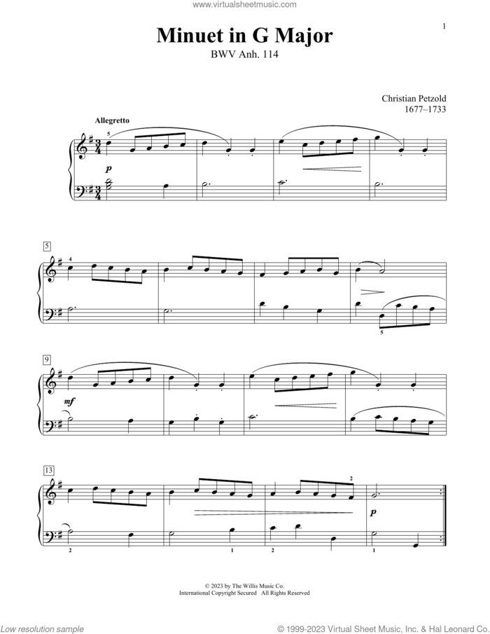 Minuet In G Major, BWV Anh. 114 sheet music for piano solo (elementary) by Christian Petzold, Charmaine Siagian and Sonya Schumann, classical score, beginner piano (elementary)