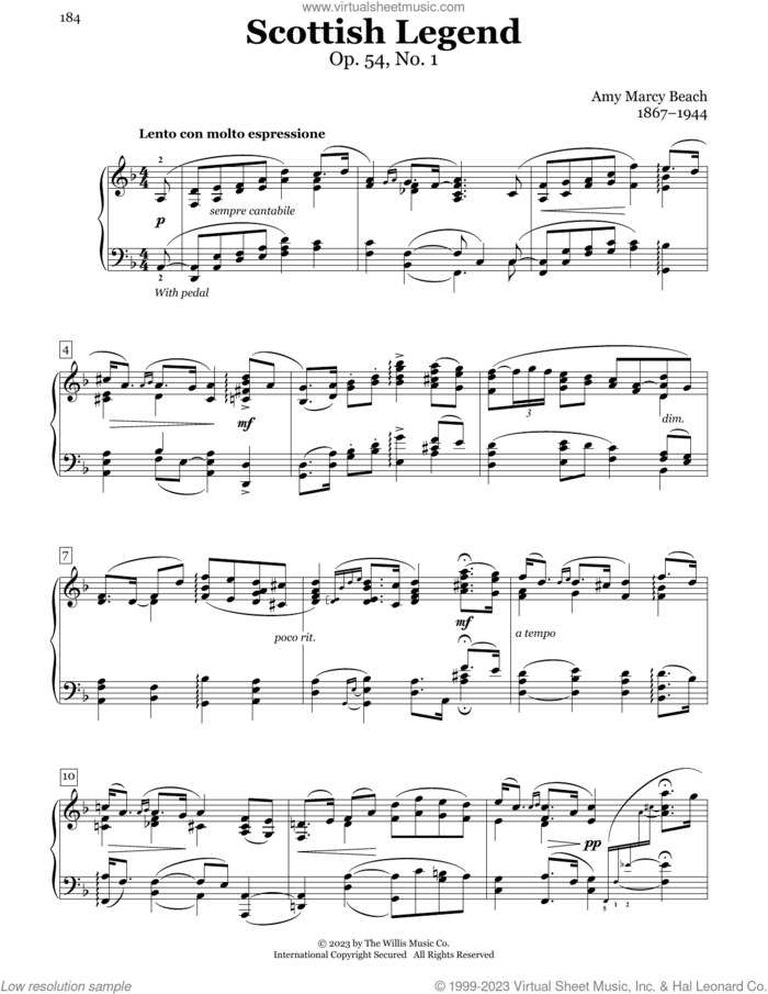 Scottish Legend, Op. 54, No. 1 sheet music for piano solo (elementary) by Amy Marcy Beach, Charmaine Siagian and Sonya Schumann, classical score, beginner piano (elementary)