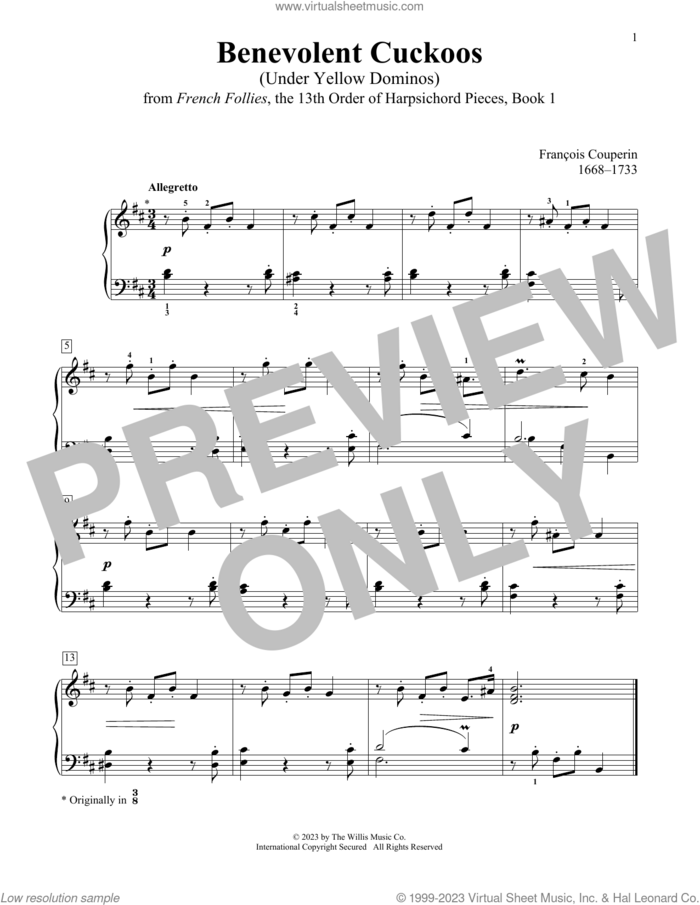 Benevolent Cuckoos (Under Yellow Dominos) sheet music for piano solo (elementary) by Francois Couperin, Charmaine Siagian and Sonya Schumann, classical score, beginner piano (elementary)