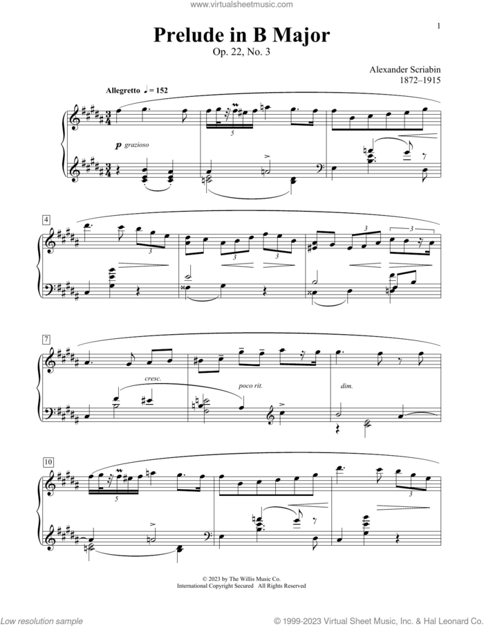 Prelude In B Major, Op. 22, No. 3 sheet music for piano solo (elementary) by Alexander Scriabin, Charmaine Siagian and Sonya Schumann, classical score, beginner piano (elementary)