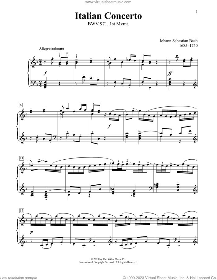 Italian Concerto In F Major, BWV 971 sheet music for piano solo (elementary) by Johann Sebastian Bach, Charmaine Siagian and Sonya Schumann, classical score, beginner piano (elementary)