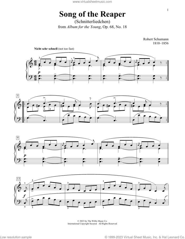 Song Of The Reaper (Schnetterliedchen), Op. 68, No. 18 sheet music for piano solo (elementary) by Robert Schumann, Charmaine Siagian and Sonya Schumann, classical score, beginner piano (elementary)