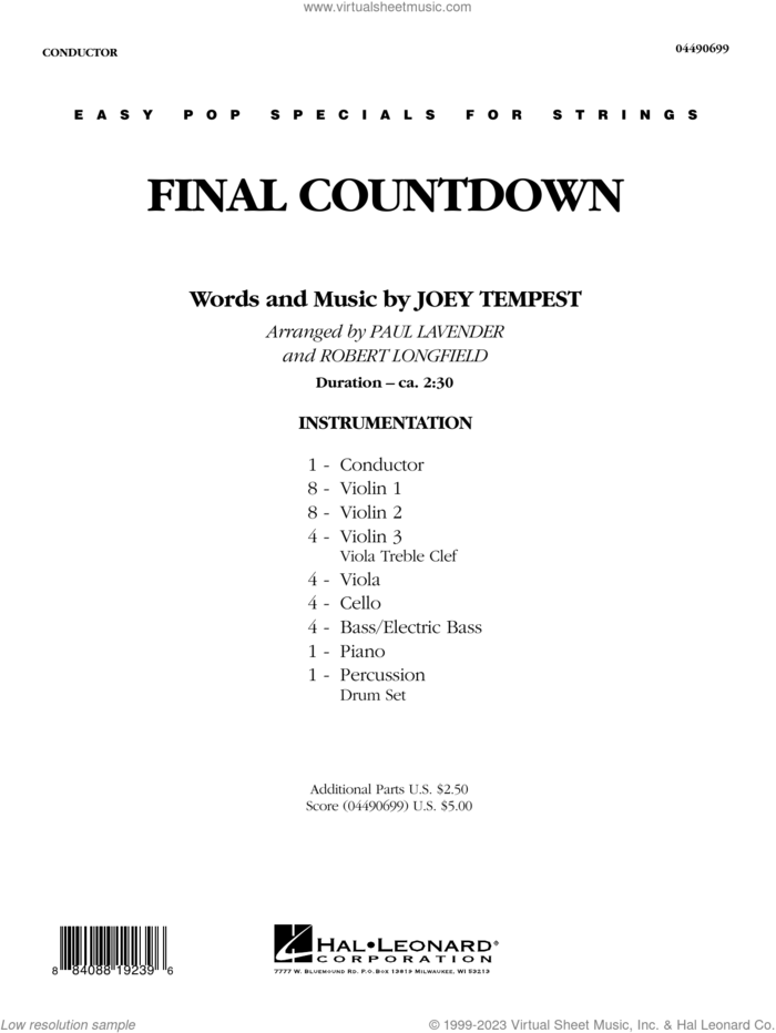 Final Countdown (arr. Paul Lavender and Robert Longfield) (COMPLETE) sheet music for orchestra by Robert Longfield, Europe, Joey Tempest and Paul Lavender, intermediate skill level