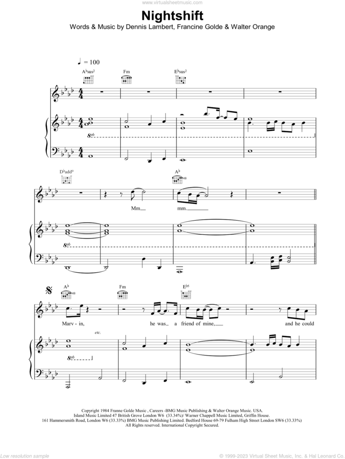 Nightshift sheet music for voice, piano or guitar by The Commodores, intermediate skill level