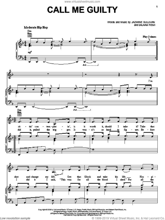 Call Me Guilty sheet music for voice, piano or guitar by Jazmine Sullivan and Salaam Remi, intermediate skill level
