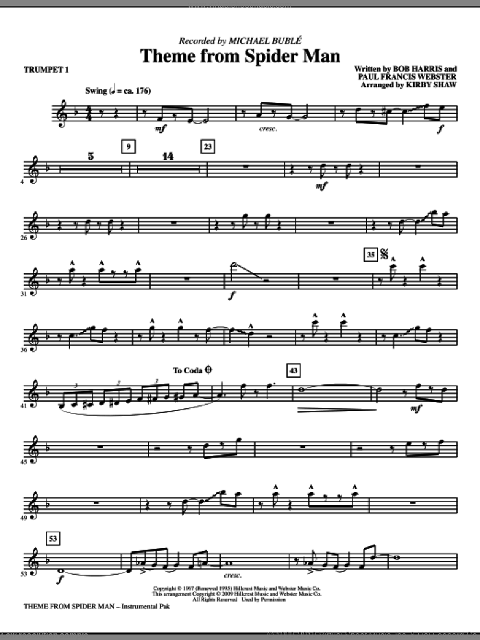 Theme from Spider Man sheet music for orchestra/band (trumpet 1) by Paul Francis Webster, Bob Harris, Kirby Shaw and Michael Buble, intermediate skill level