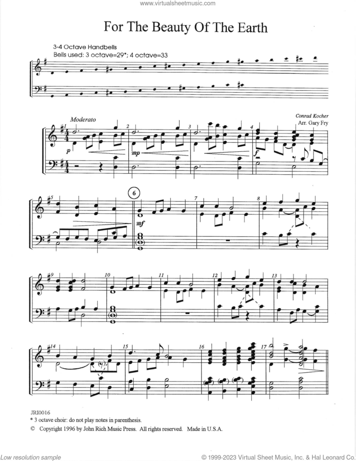 For The Beauty Of The Earth sheet music for orchestra/band (Handbells) by Conrad Kocher, Gary Fry and Folliott Sandford Pierpoint, classical score, intermediate skill level