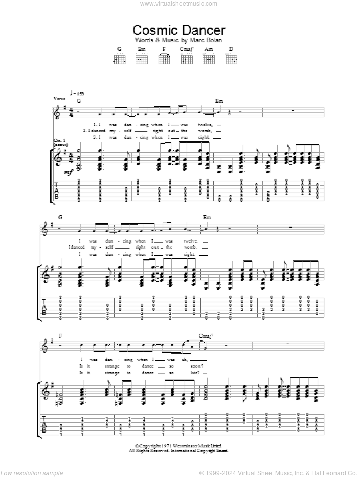 Cosmic Dancer sheet music for guitar (tablature) by T Rex, intermediate skill level