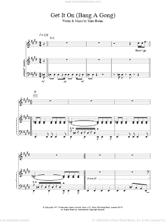 Bang A Gong (Get It On) sheet music for voice, piano or guitar by T Rex, intermediate skill level