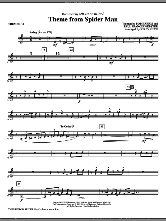 Theme from Spider Man sheet music for orchestra/band (trumpet 2) by Paul Francis Webster, Bob Harris, Kirby Shaw and Michael Buble, intermediate skill level