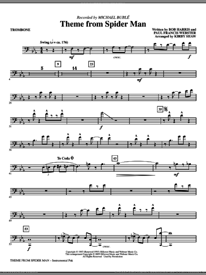 Theme from Spider Man sheet music for orchestra/band (trombone) by Paul Francis Webster, Bob Harris, Kirby Shaw and Michael Buble, intermediate skill level