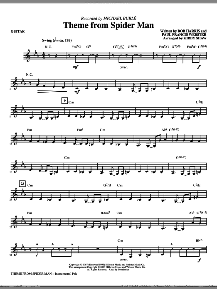 Theme from Spider Man sheet music for orchestra/band (guitar) by Paul Francis Webster, Bob Harris, Kirby Shaw and Michael Buble, intermediate skill level
