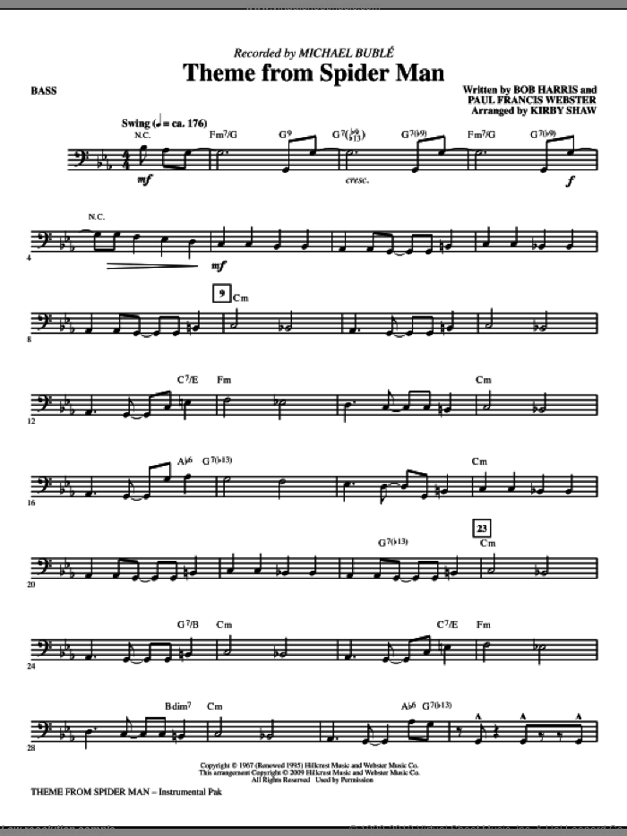 Theme from Spider Man sheet music for orchestra/band (bass) by Paul Francis Webster, Bob Harris, Kirby Shaw and Michael Buble, intermediate skill level
