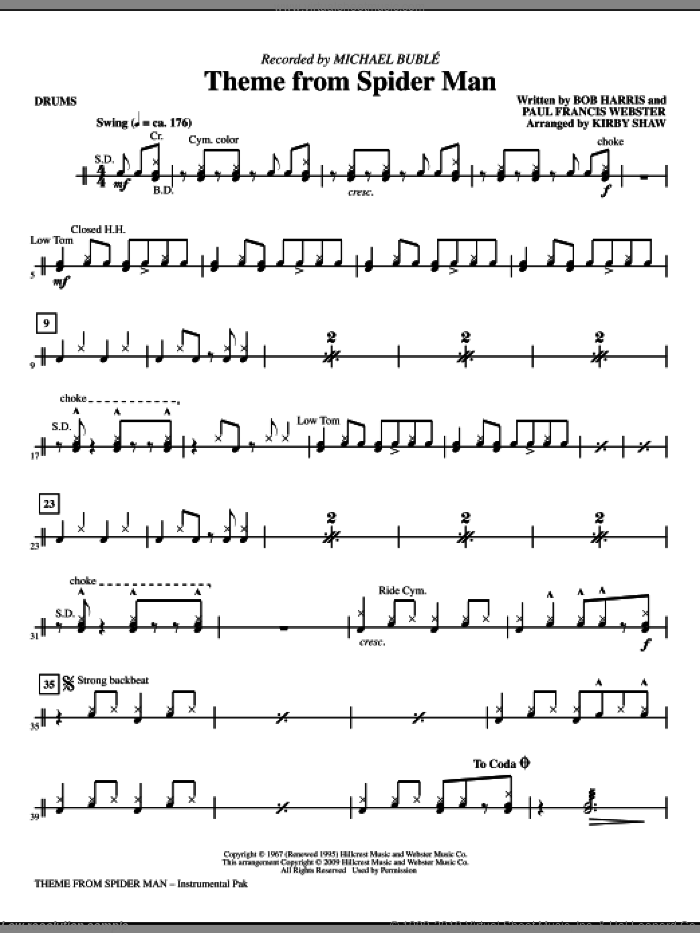 Theme from Spider Man sheet music for orchestra/band (drums) by Paul Francis Webster, Bob Harris, Kirby Shaw and Michael Buble, intermediate skill level
