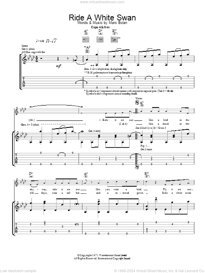 Ride A White Swan sheet music for guitar (tablature) by T Rex, intermediate skill level