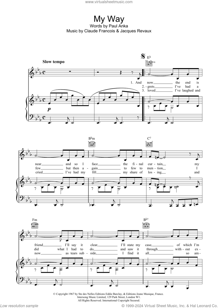 My Way sheet music for voice, piano or guitar by Frank Sinatra, Elvis Presley, Claude Francois, Jacques Revaux and Paul Anka, intermediate skill level