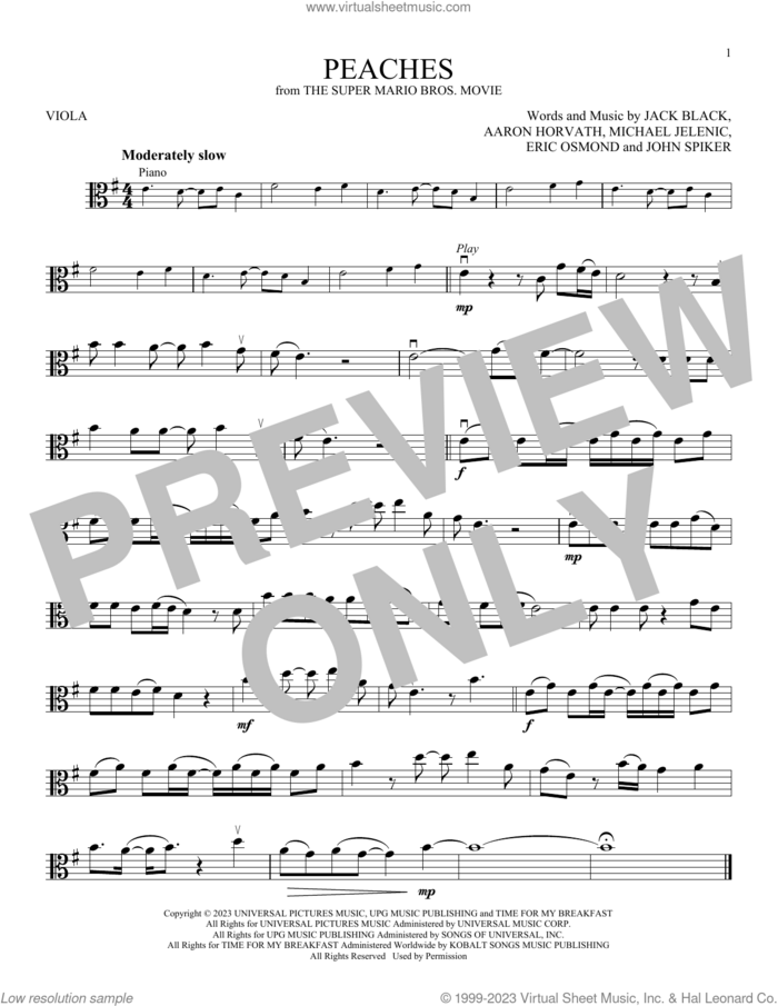 Peaches (from The Super Mario Bros. Movie) sheet music for viola solo by Jack Black, Aaron Horvath, Eric Osmond, John Spiker and Michael Jelenic, intermediate skill level