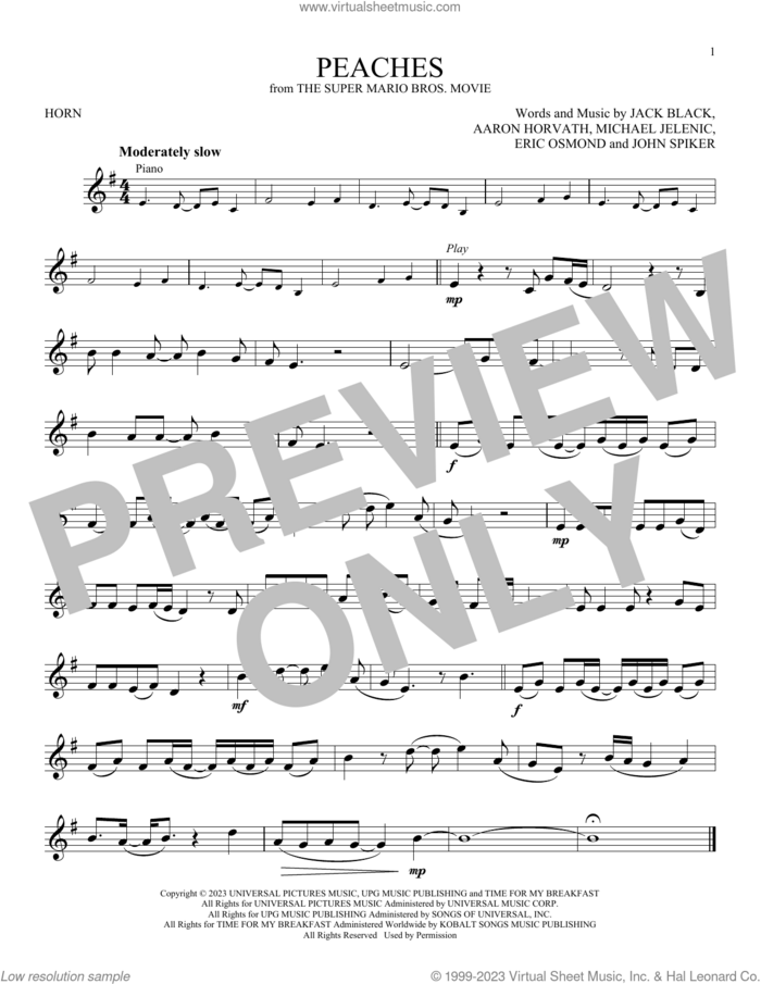 Peaches (from The Super Mario Bros. Movie) sheet music for horn solo by Jack Black, Aaron Horvath, Eric Osmond, John Spiker and Michael Jelenic, intermediate skill level