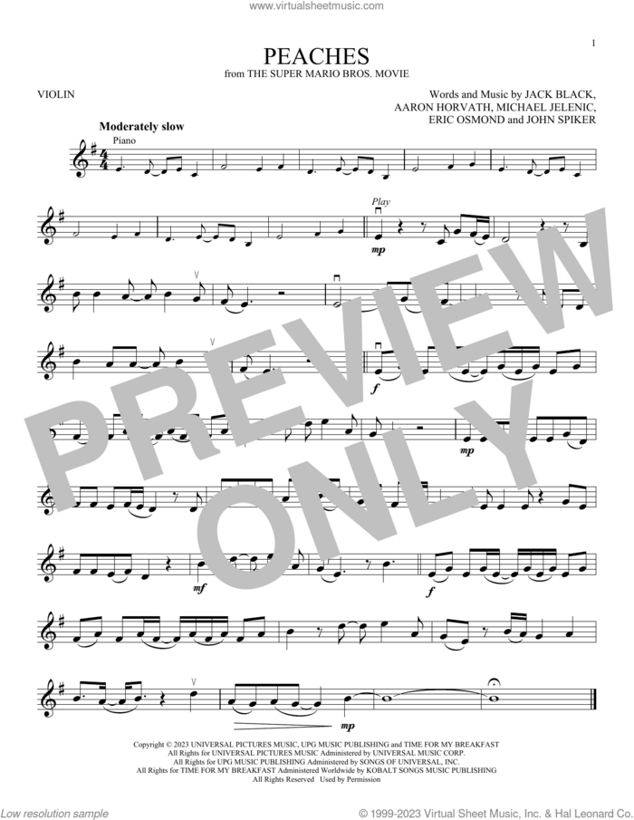 Peaches (from The Super Mario Bros. Movie) sheet music for violin solo by Jack Black, Aaron Horvath, Eric Osmond, John Spiker and Michael Jelenic, intermediate skill level