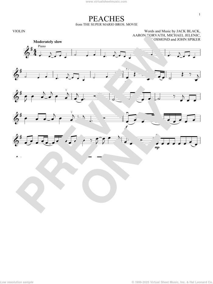 Peaches (from The Super Mario Bros. Movie) sheet music for violin solo by Jack Black, Aaron Horvath, Eric Osmond, John Spiker and Michael Jelenic, intermediate skill level