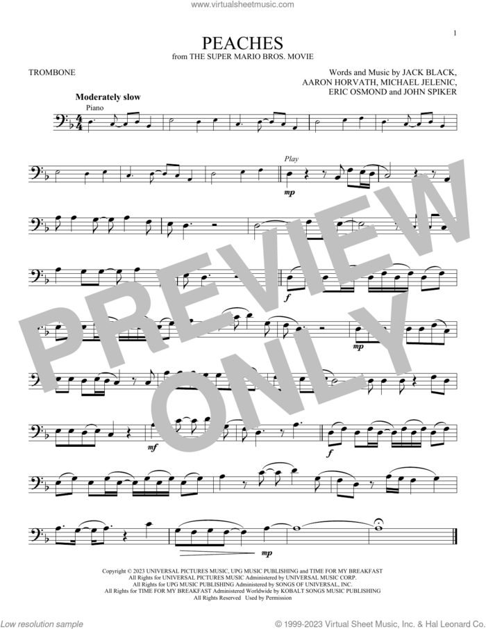 Peaches (from The Super Mario Bros. Movie) sheet music for trombone solo by Jack Black, Aaron Horvath, Eric Osmond, John Spiker and Michael Jelenic, intermediate skill level